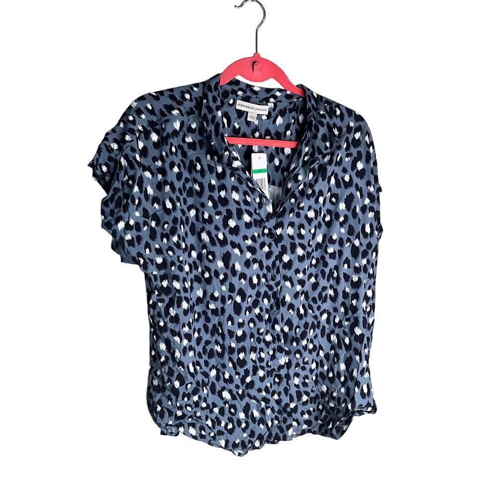 Alexander Jordan Leopard Button Down Shirt Short Sleeve Grey/ Multi Womens Large